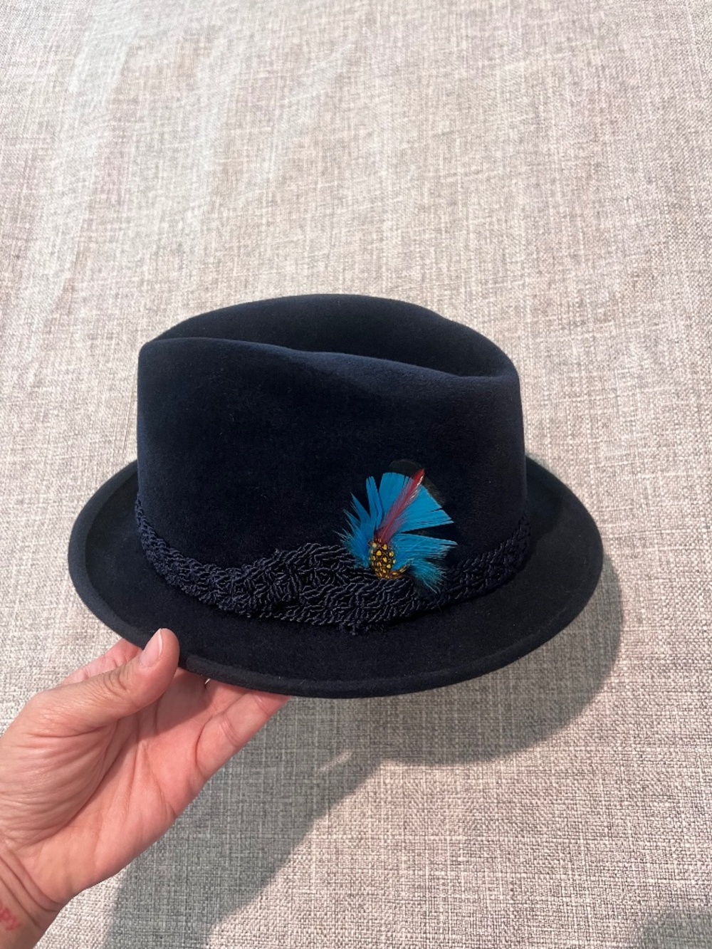 Stetson Sovereign Felt Hat Navy Blue Feather Band Size 6 7/8 (55 cm)